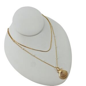 Anthropologie‎ Shiraleah Layered Shell Necklace Gold Faux Pearl Coastal Nautical
